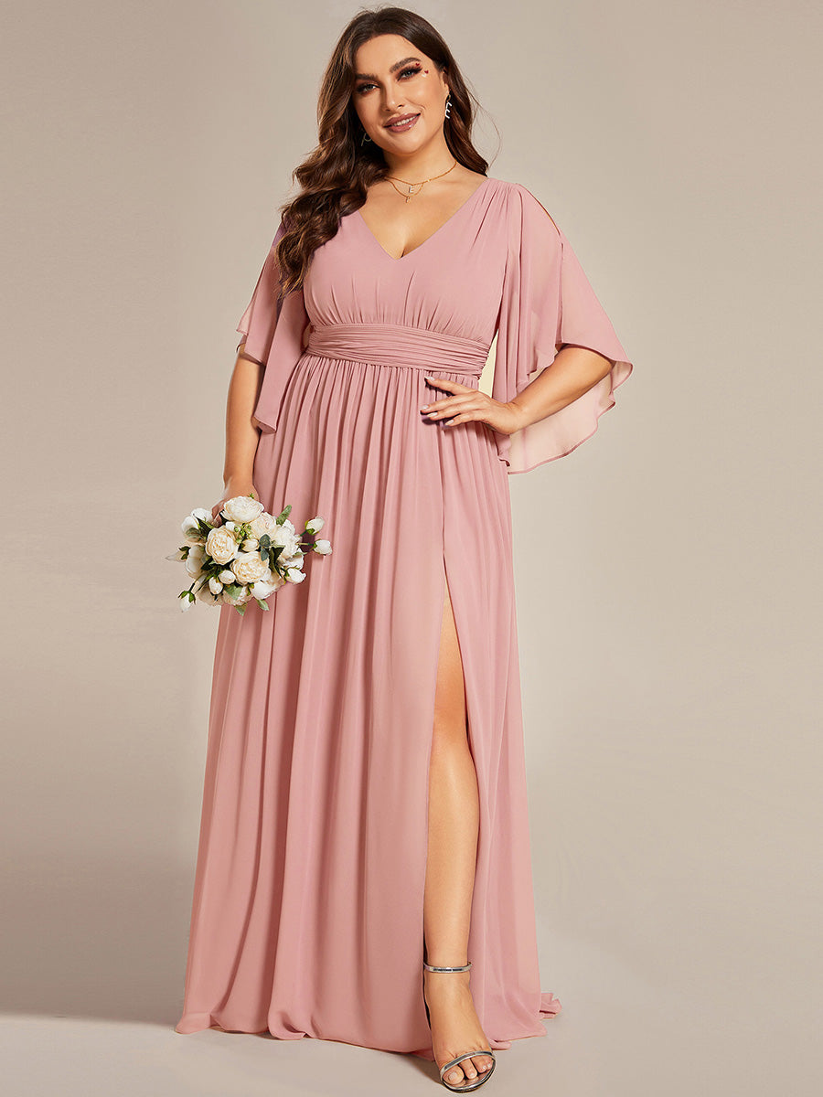 Color=Dusty Rose | Commercial Wholesale 3/4 Sleeve Deep V-Neck A-Line Floor Length Non-Stretch Bridesmaid Dresses-Dusty Rose 6