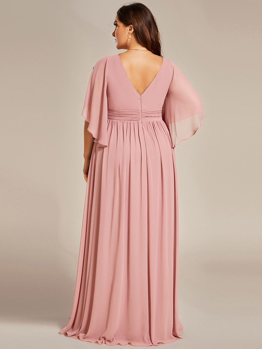 Color=Dusty Rose | Commercial Wholesale 3/4 Sleeve Deep V-Neck A-Line Floor Length Non-Stretch Bridesmaid Dresses-Dusty Rose 7