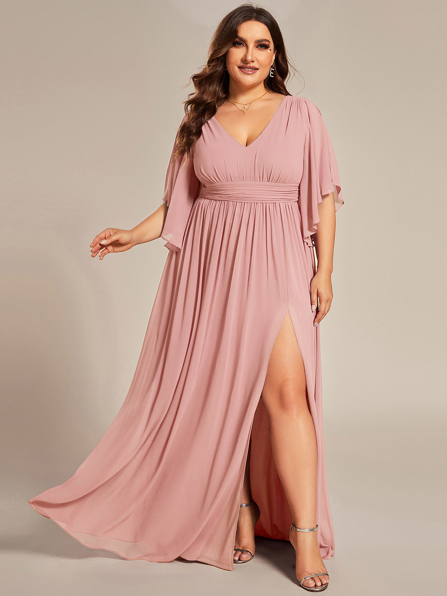 Color=Dusty Rose | Commercial Wholesale 3/4 Sleeve Deep V-Neck A-Line Floor Length Non-Stretch Bridesmaid Dresses-Dusty Rose 10