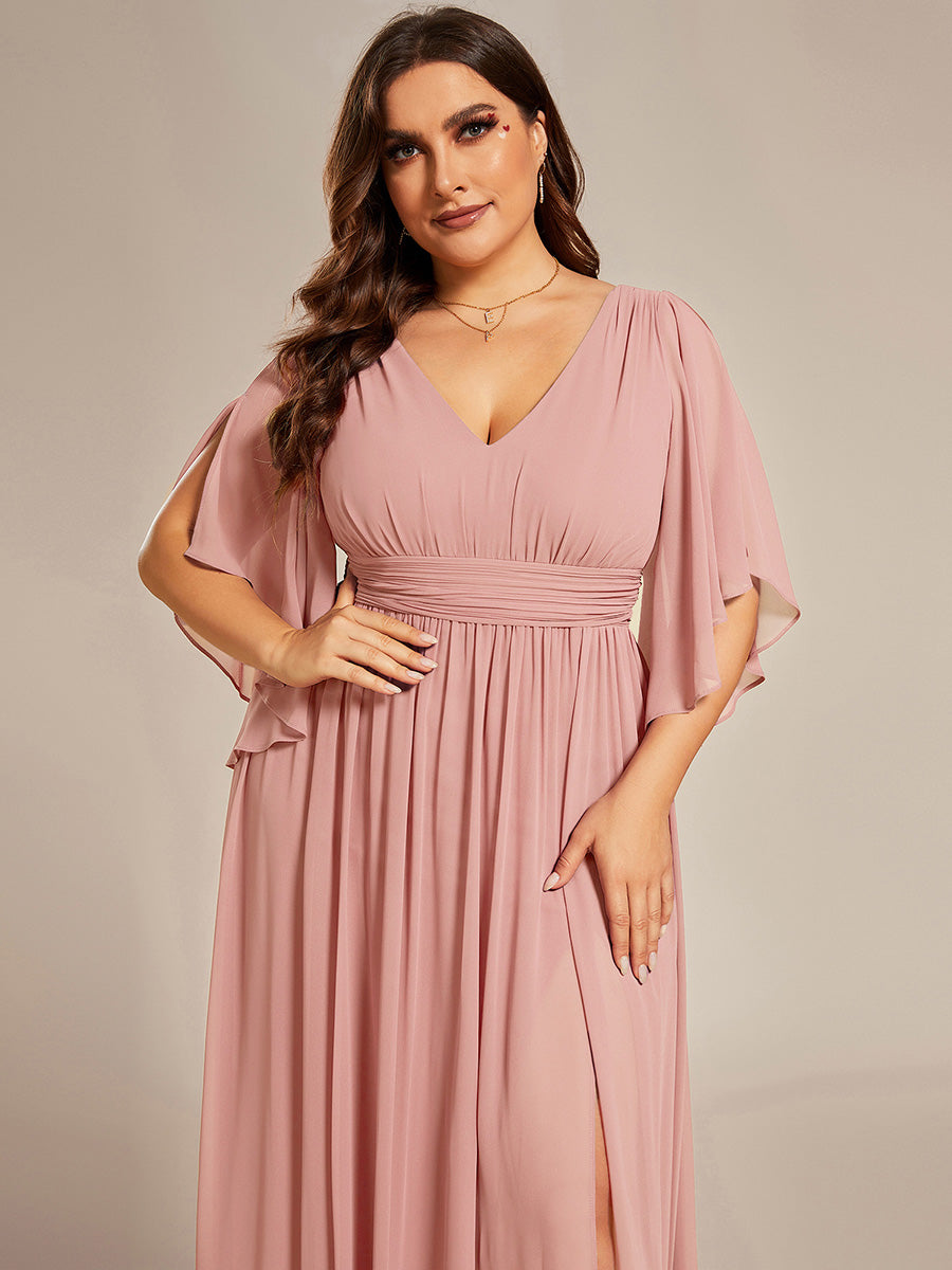 Color=Dusty Rose | Commercial Wholesale 3/4 Sleeve Deep V-Neck A-Line Floor Length Non-Stretch Bridesmaid Dresses-Dusty Rose 8