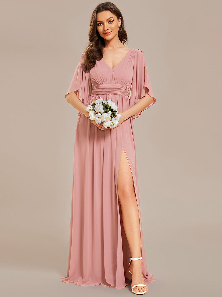 Color=Dusty Rose | Commercial Wholesale 3/4 Sleeve Deep V-Neck A-Line Floor Length Non-Stretch Bridesmaid Dresses-Dusty Rose 1