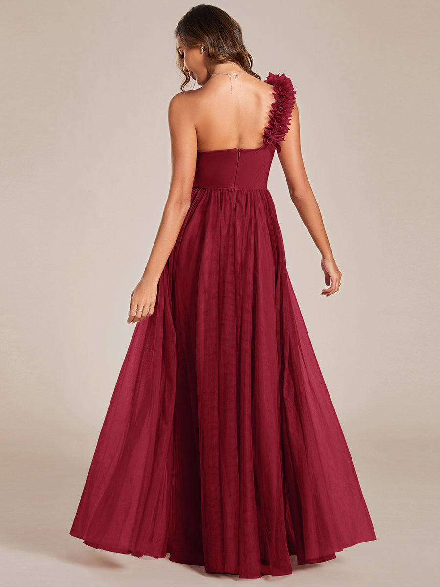 Backless One Shoulder Pleated Split Tulle Wholesale Bridesmaid Dresses#Color_Burgundy
