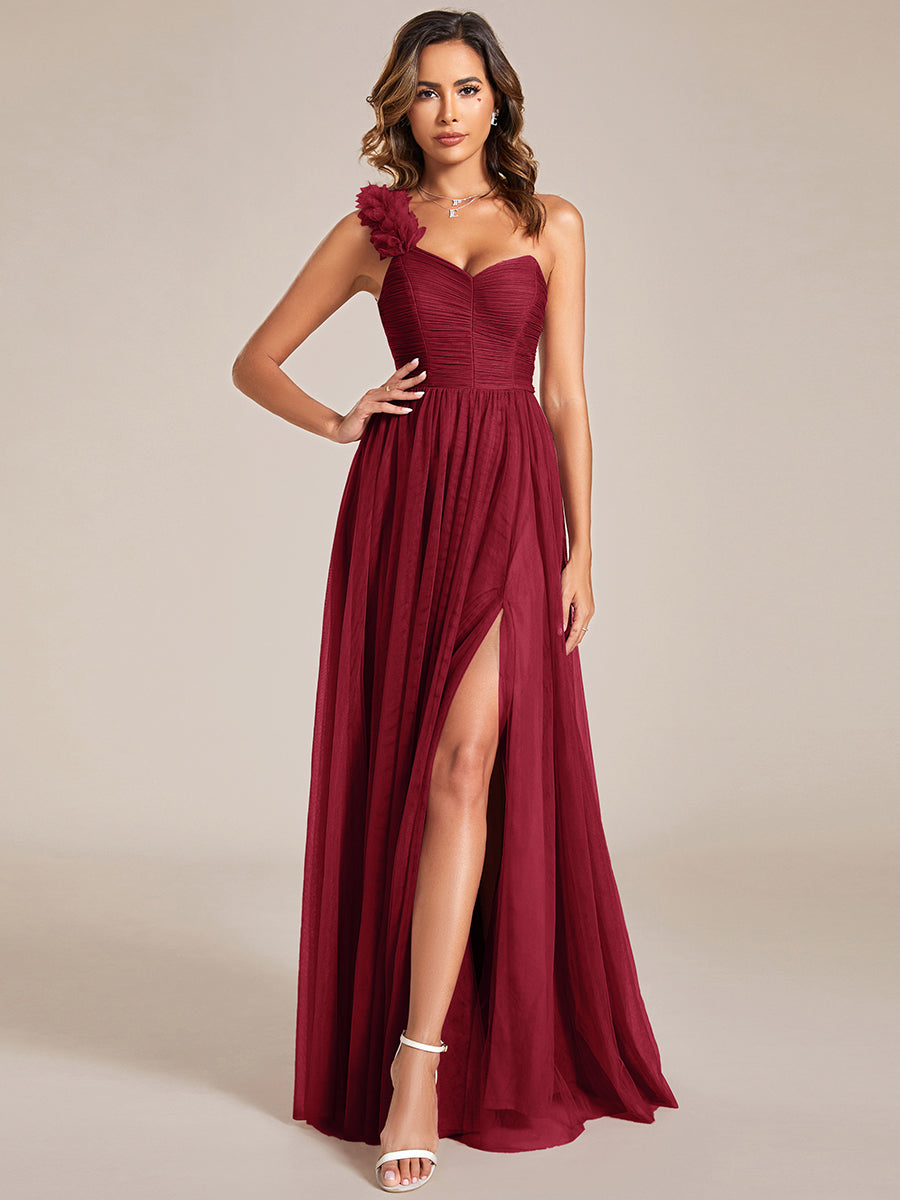 Backless One Shoulder Pleated Split Tulle Wholesale Bridesmaid Dresses#Color_Burgundy