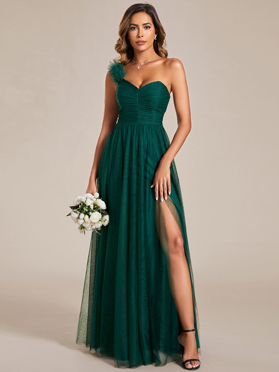 Backless One Shoulder Pleated Split Tulle Wholesale Bridesmaid Dresses#Color_Dark Green