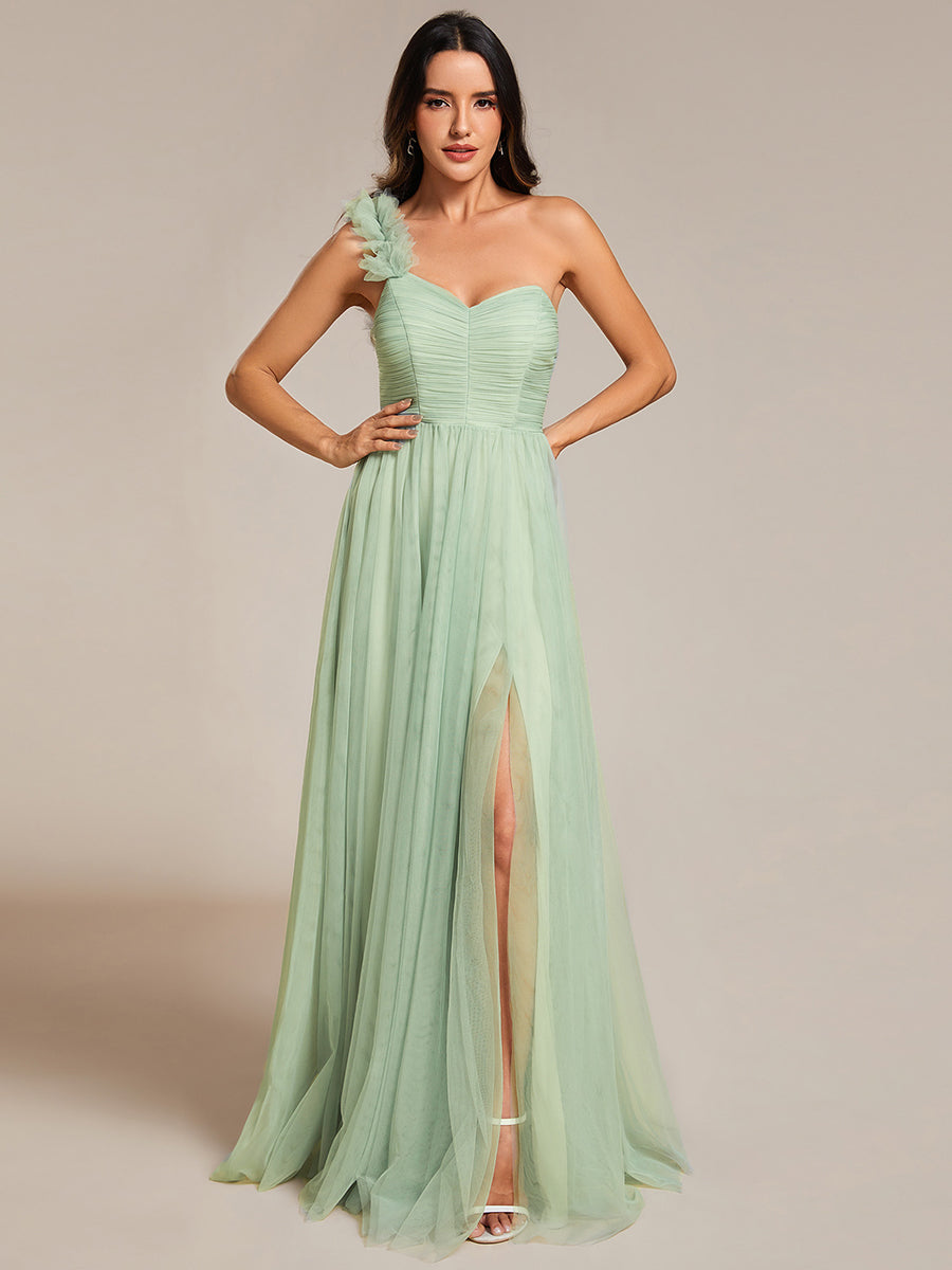 Backless One Shoulder Pleated Split Tulle Wholesale Bridesmaid Dresses#Color_Mint Green