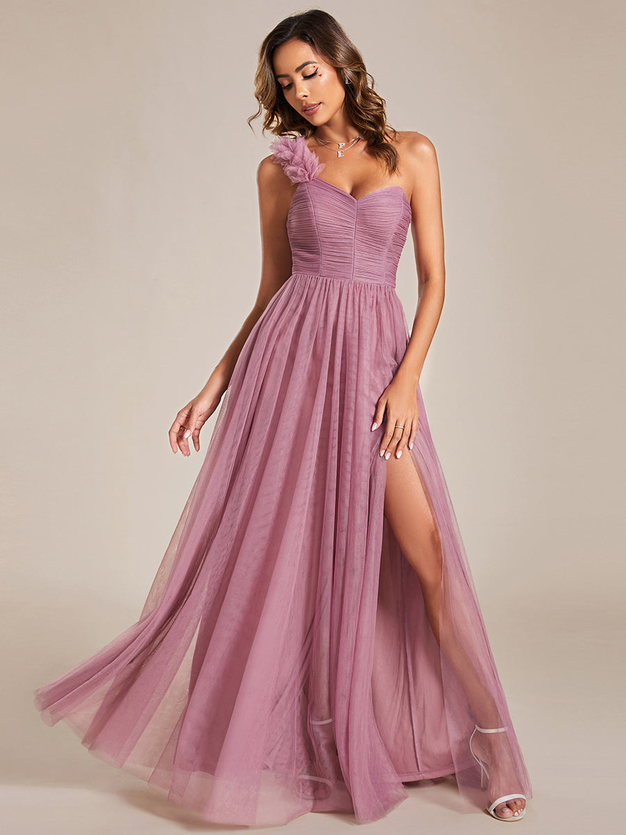 Backless One Shoulder Pleated Split Tulle Wholesale Bridesmaid Dresses#Color_Orchid