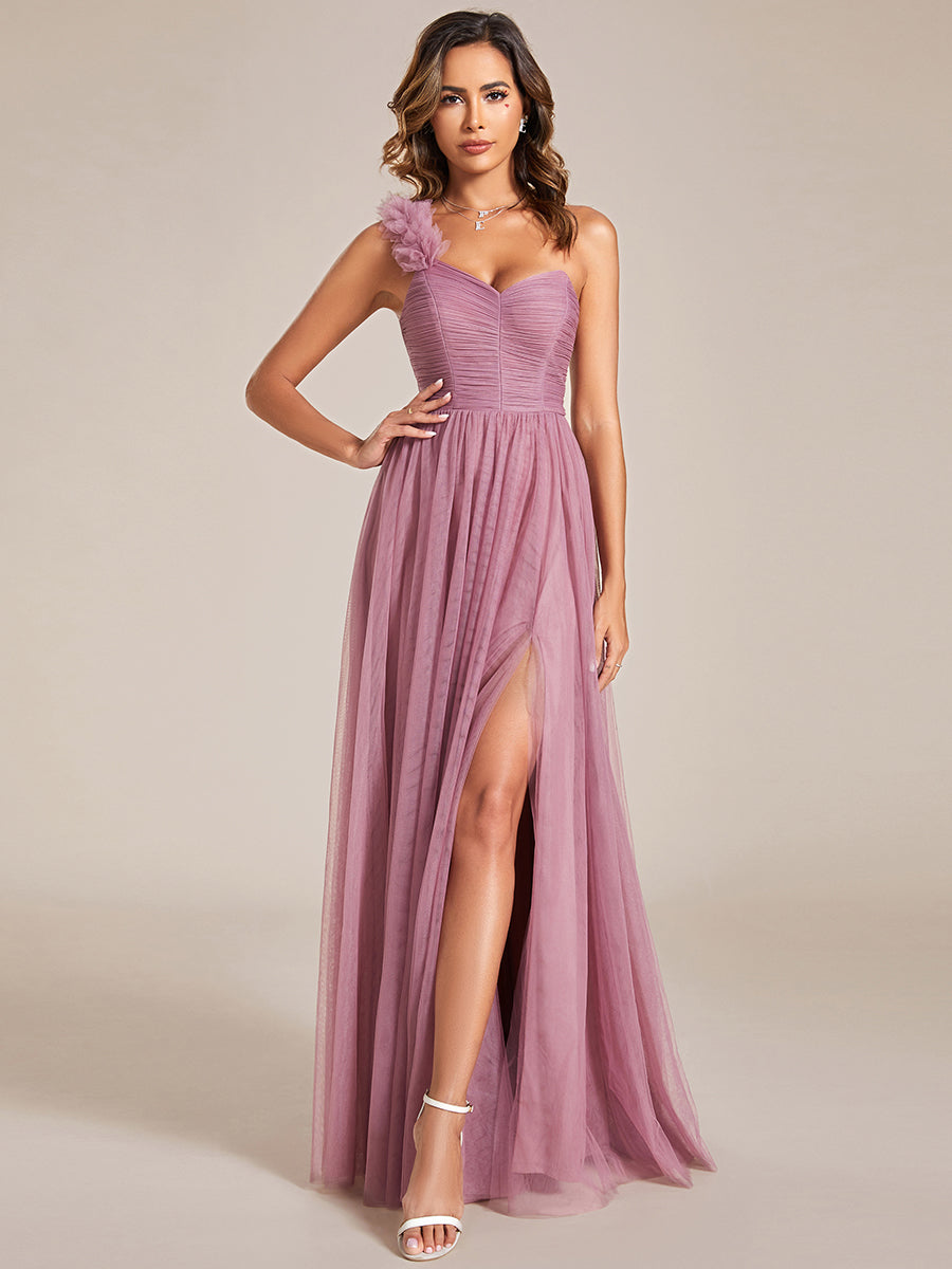 Backless One Shoulder Pleated Split Tulle Wholesale Bridesmaid Dresses#Color_Orchid