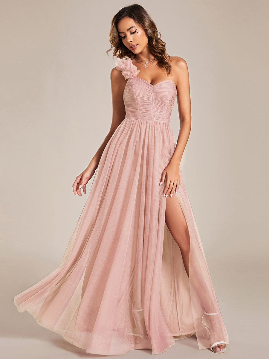 Backless One Shoulder Pleated Split Tulle Wholesale Bridesmaid Dresses#Color_Pink