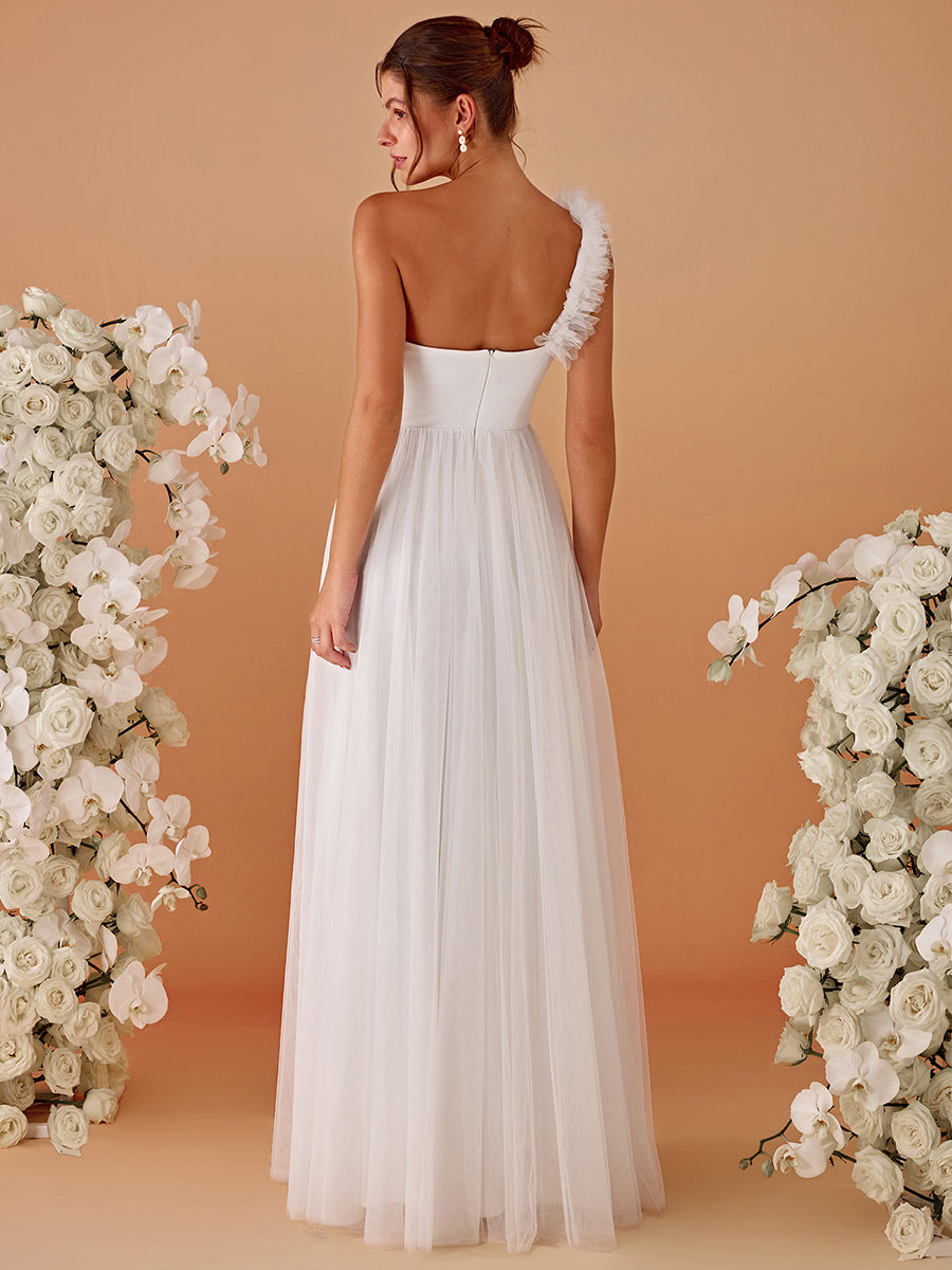 Pleated Backless One Shoulder Split Tulle Wholesale Bridesmaid Dresses