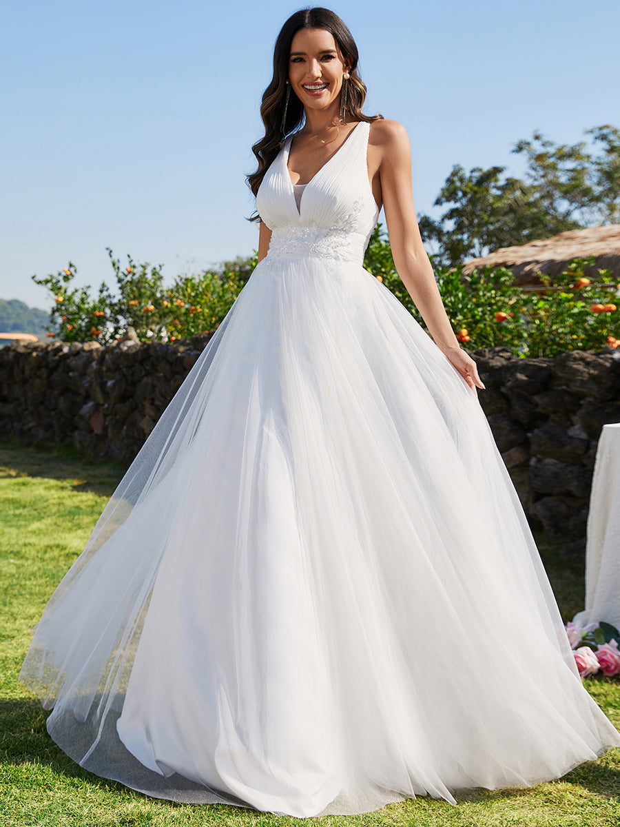 Color=White | Backless V Neck Appliques Mesh Wholesale Bridesmaid Dresses-White 9