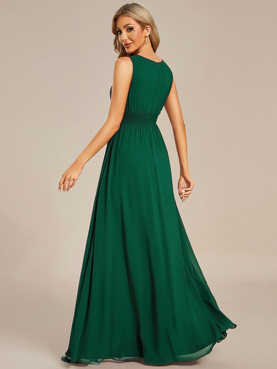 Color=Dark Green | Wholesale Sleeveless Embroidered Round Neck A-Line Floor Length Bridesmaid Dresses-Dark Green 2