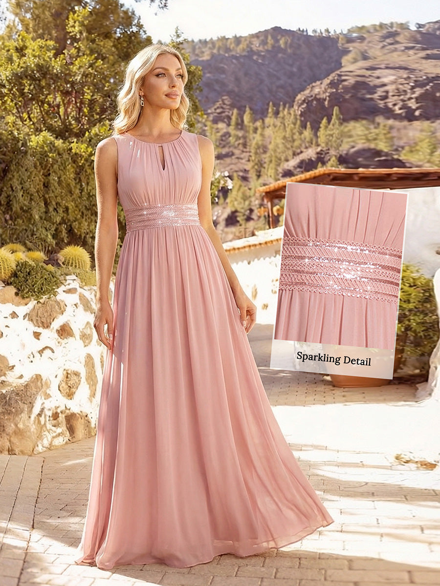 Color=Dusty Rose | Maxi Long Chiffon Hollow Round Neck Decor Bridesmaids Dress-Dusty Rose 8