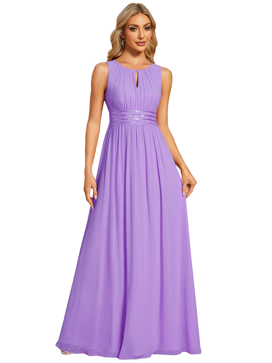 Color=Lavender | Maxi Long Chiffon Hollow Round Neck Decor Bridesmaids Dress-Lavender 2