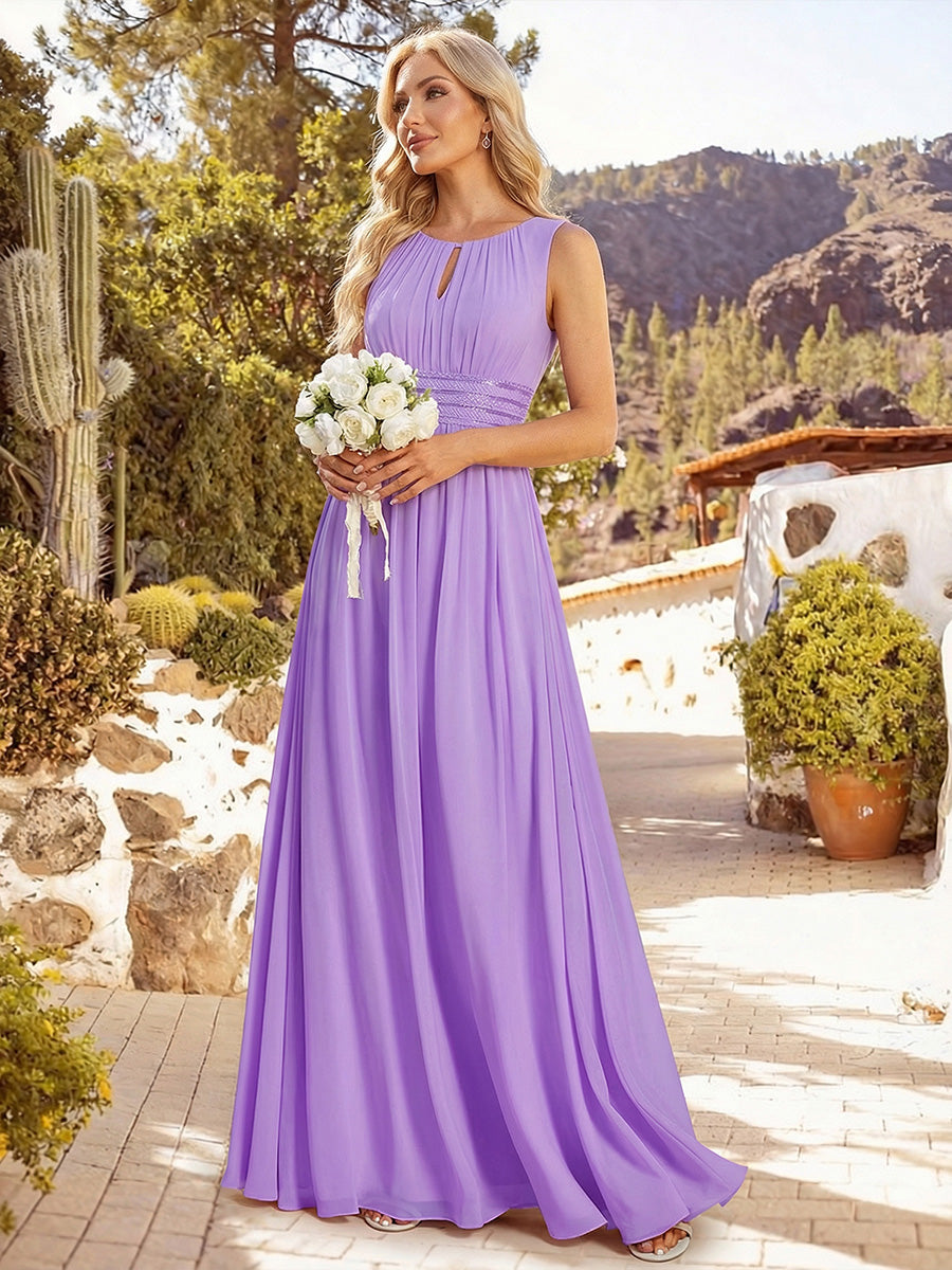 Color=Lavender | Maxi Long Chiffon Hollow Round Neck Decor Bridesmaids Dress-Lavender 7