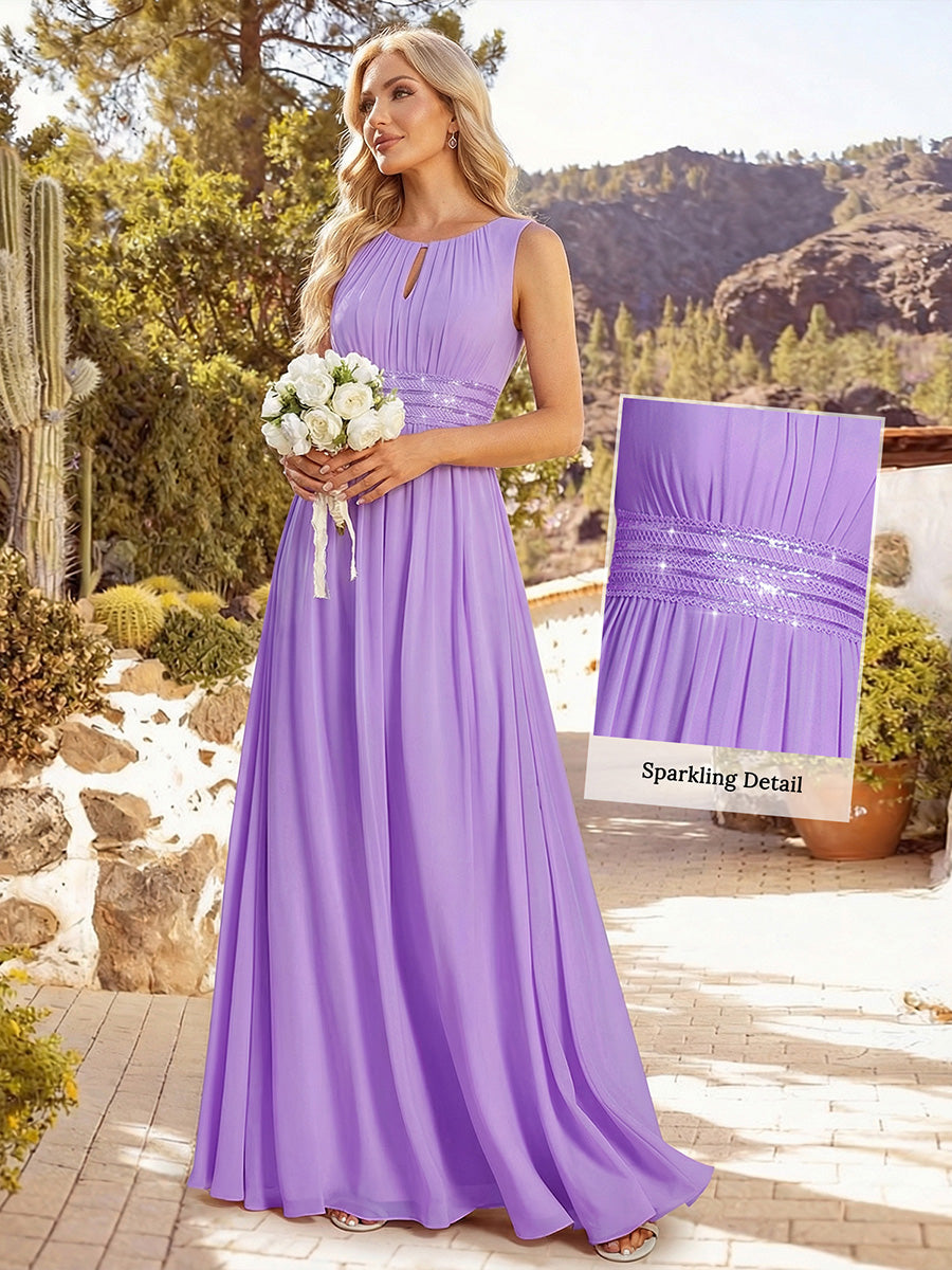 Color=Lavender | Maxi Long Chiffon Hollow Round Neck Decor Bridesmaids Dress-Lavender 8