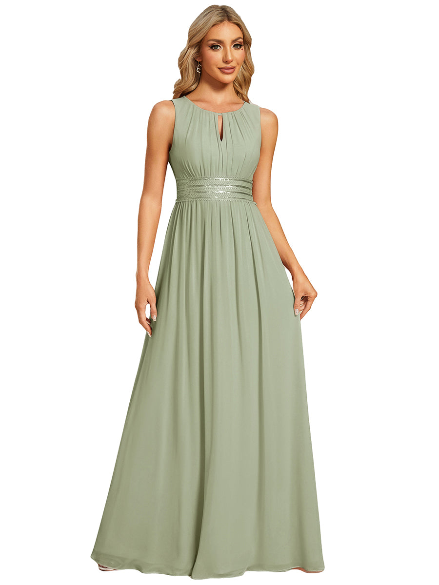 Color=Mint Green | Maxi Long Chiffon Hollow Round Neck Decor Bridesmaids Dress-Mint Green 2