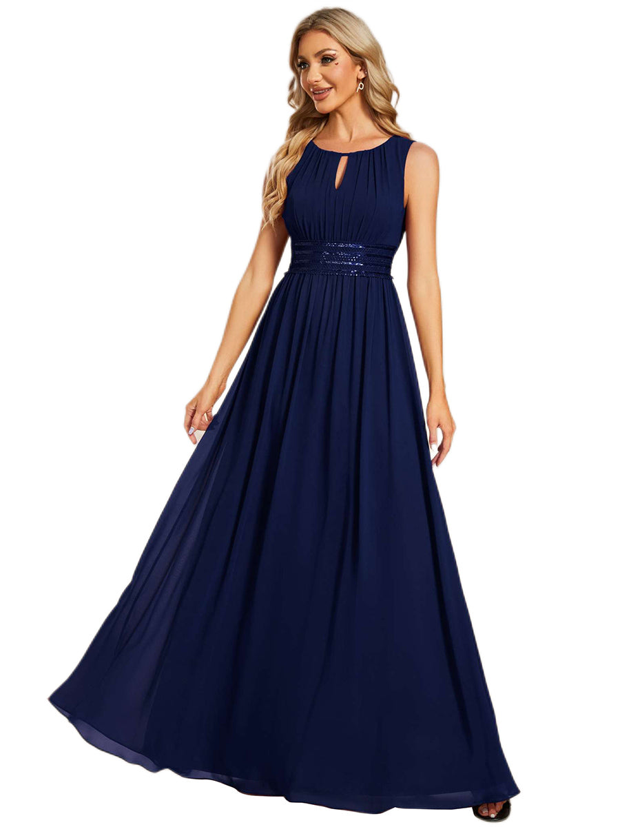 Color=Navy Blue | Maxi Long Chiffon Hollow Round Neck Decor Bridesmaids Dress-Navy Blue 2