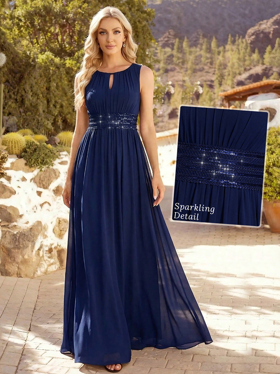 Color=Navy Blue | Maxi Long Chiffon Hollow Round Neck Decor Bridesmaids Dress-Navy Blue 13