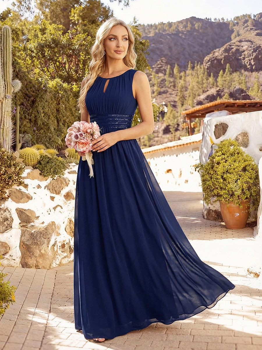 Color=Navy Blue | Maxi Long Chiffon Hollow Round Neck Decor Bridesmaids Dress-Navy Blue 9
