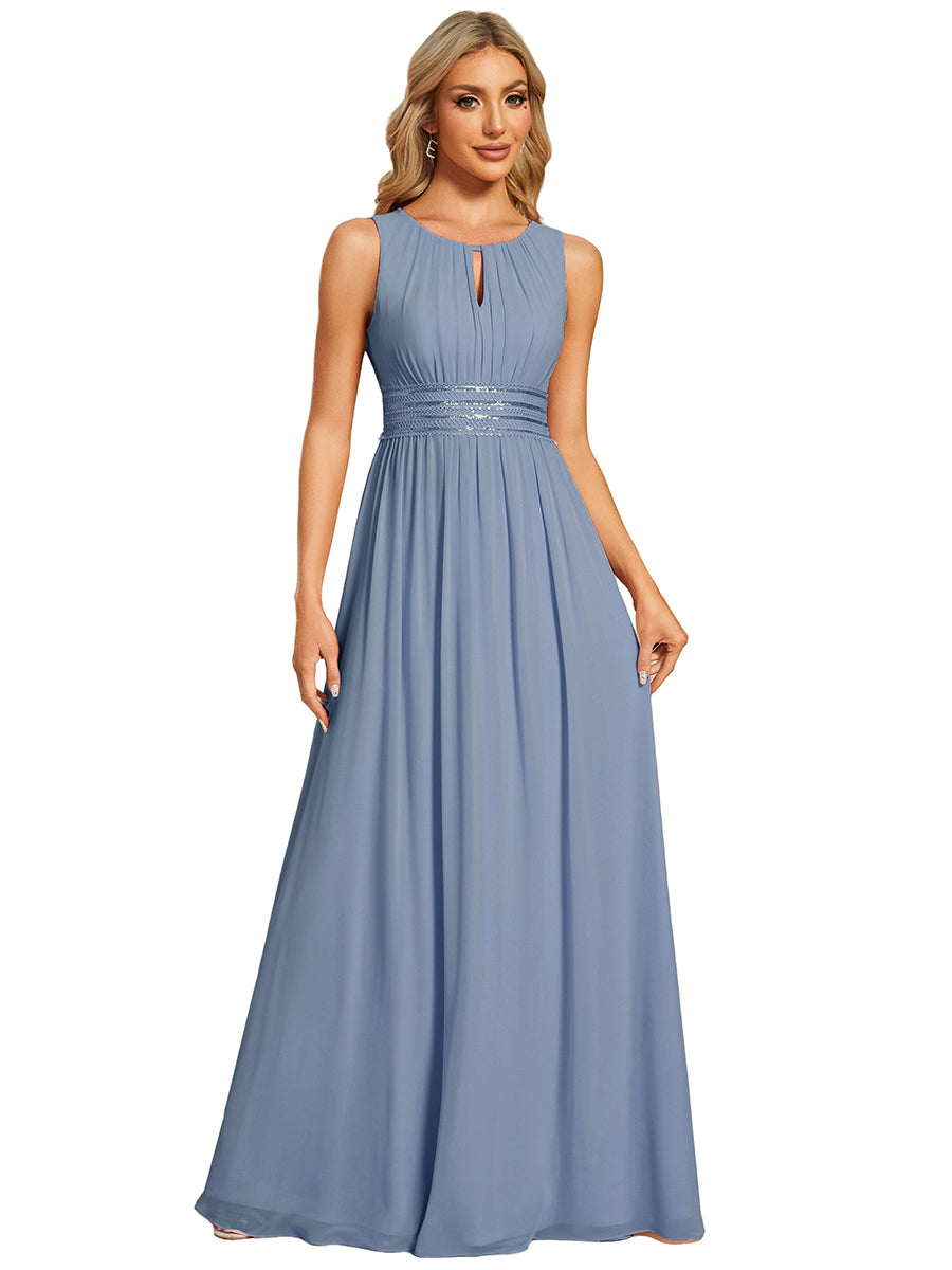 Color=Slate Blue | Maxi Long Chiffon Hollow Round Neck Decor Bridesmaids Dress-Slate Blue 2