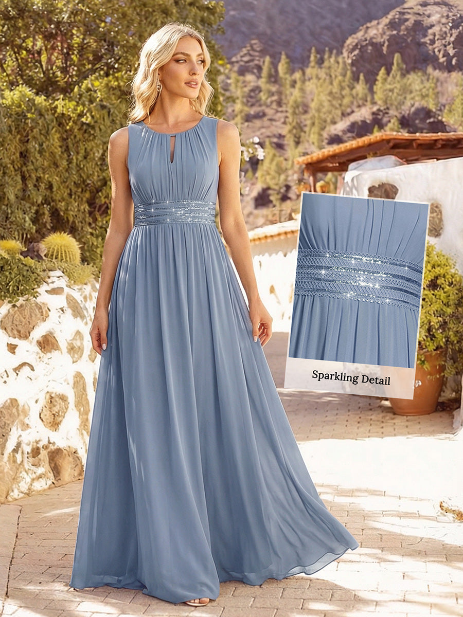 Color=Slate Blue | Maxi Long Chiffon Hollow Round Neck Decor Bridesmaids Dress-Slate Blue 8