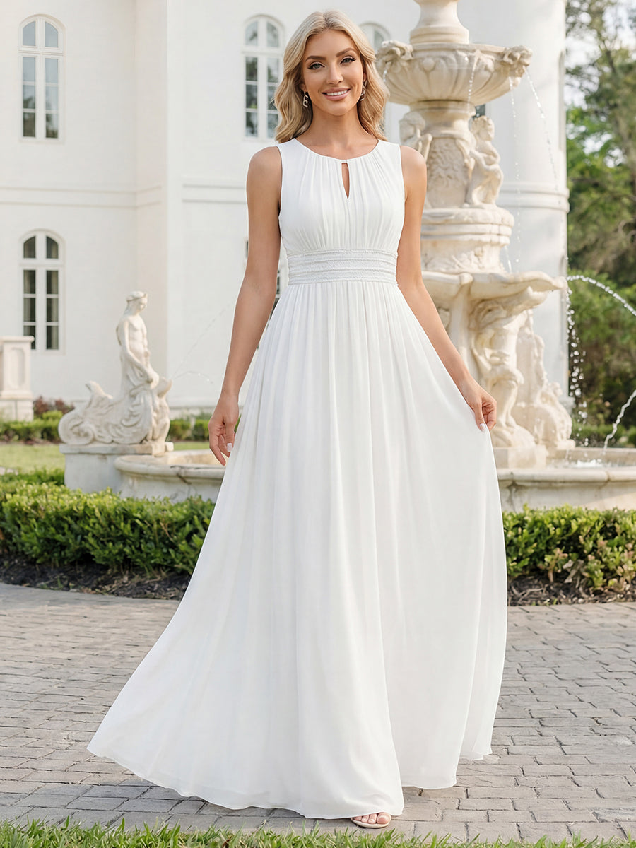 Color=White | Maxi Long Chiffon Hollow Round Neck Decor Bridesmaids Dress-White 6