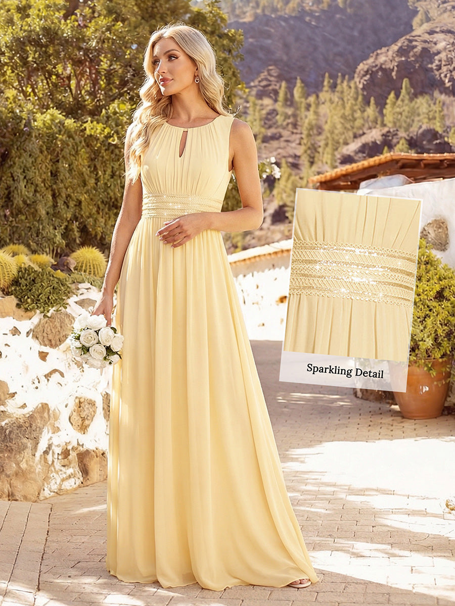 Color=Yellow | Maxi Long Chiffon Hollow Round Neck Decor Bridesmaids Dress-Yellow 9