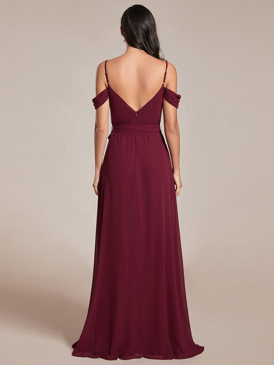 Color=Burgundy | Chiffon Cold Shoulder Bowknot Bridesmaid Dress With Side Split-Burgundy 4