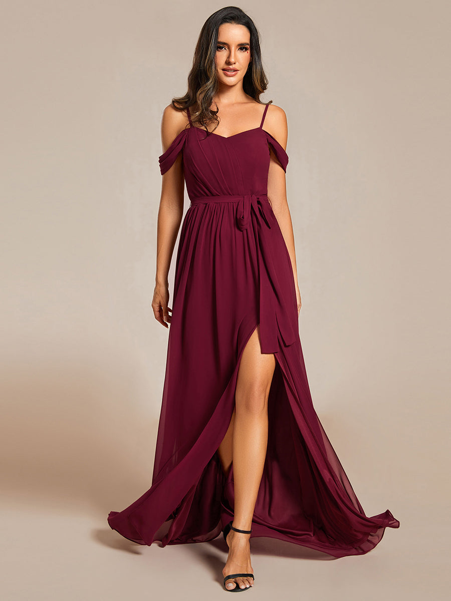 Color=Burgundy | Chiffon Cold Shoulder Bowknot Bridesmaid Dress With Side Split-Burgundy 1