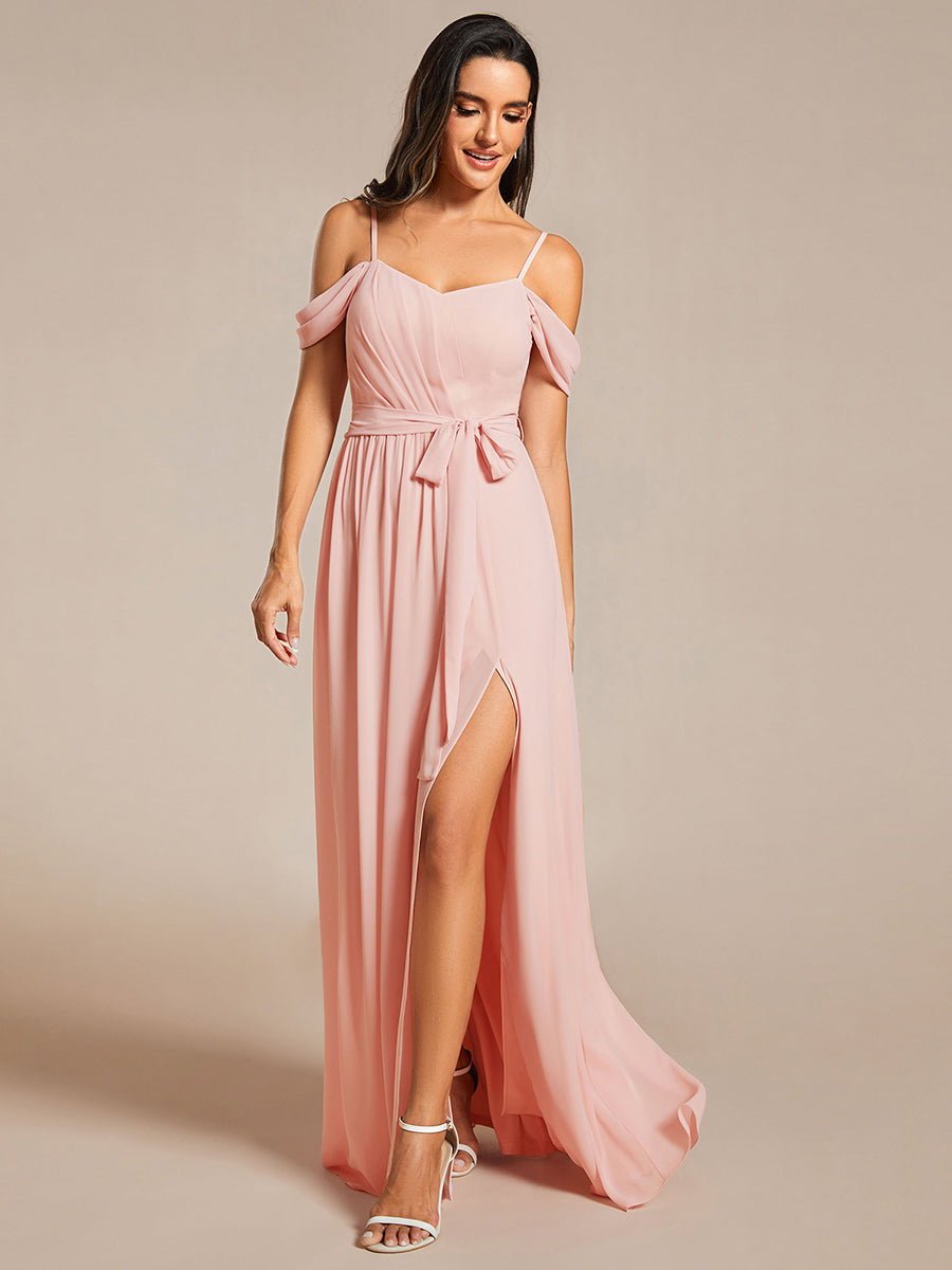 Color=Pink | Chiffon Cold Shoulder Bowknot Bridesmaid Dress With Side Split-Pink 