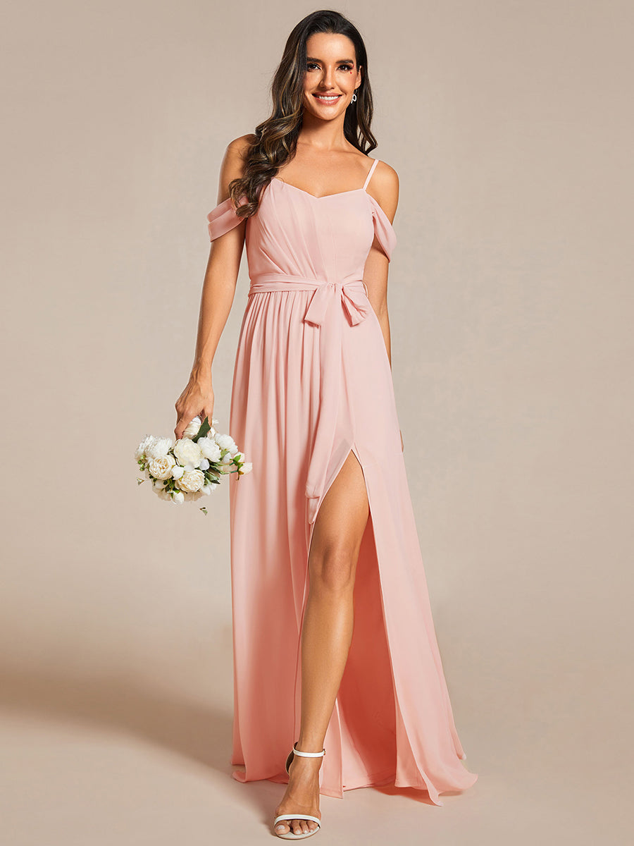 Color=Pink | Chiffon Cold Shoulder Bowknot Bridesmaid Dress With Side Split-Pink 15