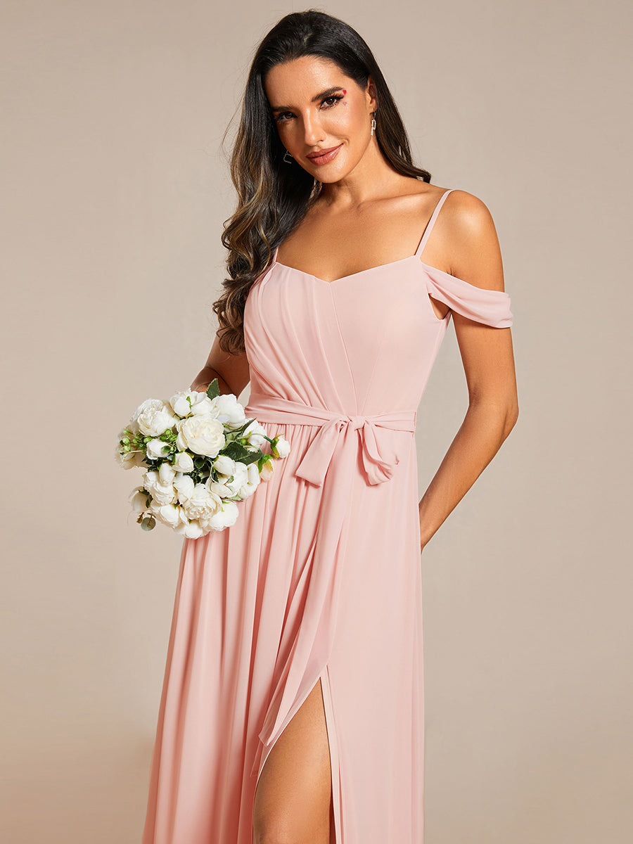 Color=Pink | Chiffon Cold Shoulder Bowknot Bridesmaid Dress With Side Split-Pink 