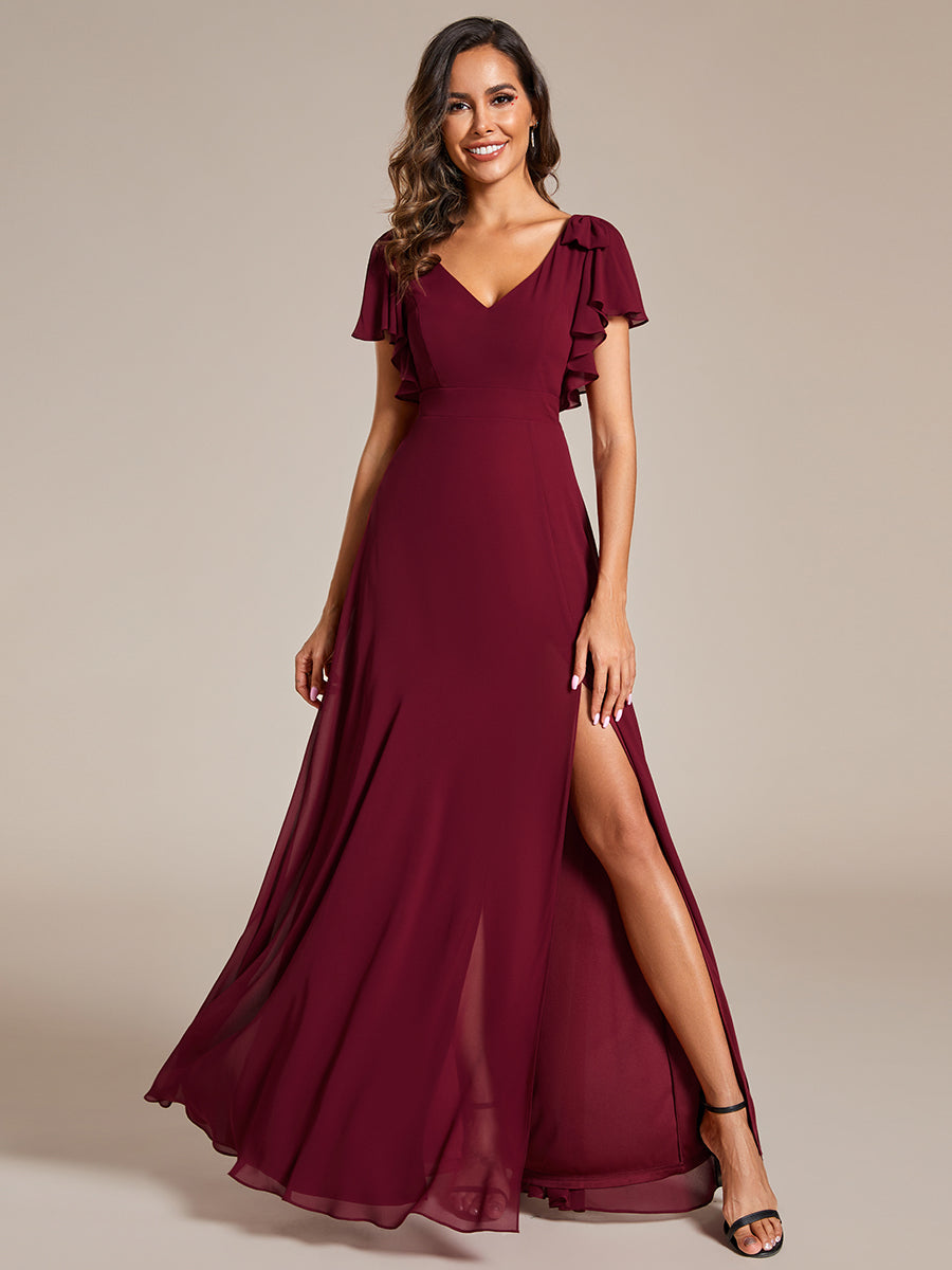 Color=Burgundy | Split Ruffles Sleeves with Bowknot V-neck Chiffon Bridesmaid Dress-Burgundy 5
