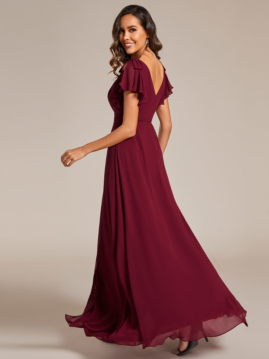 Color=Burgundy | Split Ruffles Sleeves with Bowknot V-neck Chiffon Bridesmaid Dress-Burgundy 4