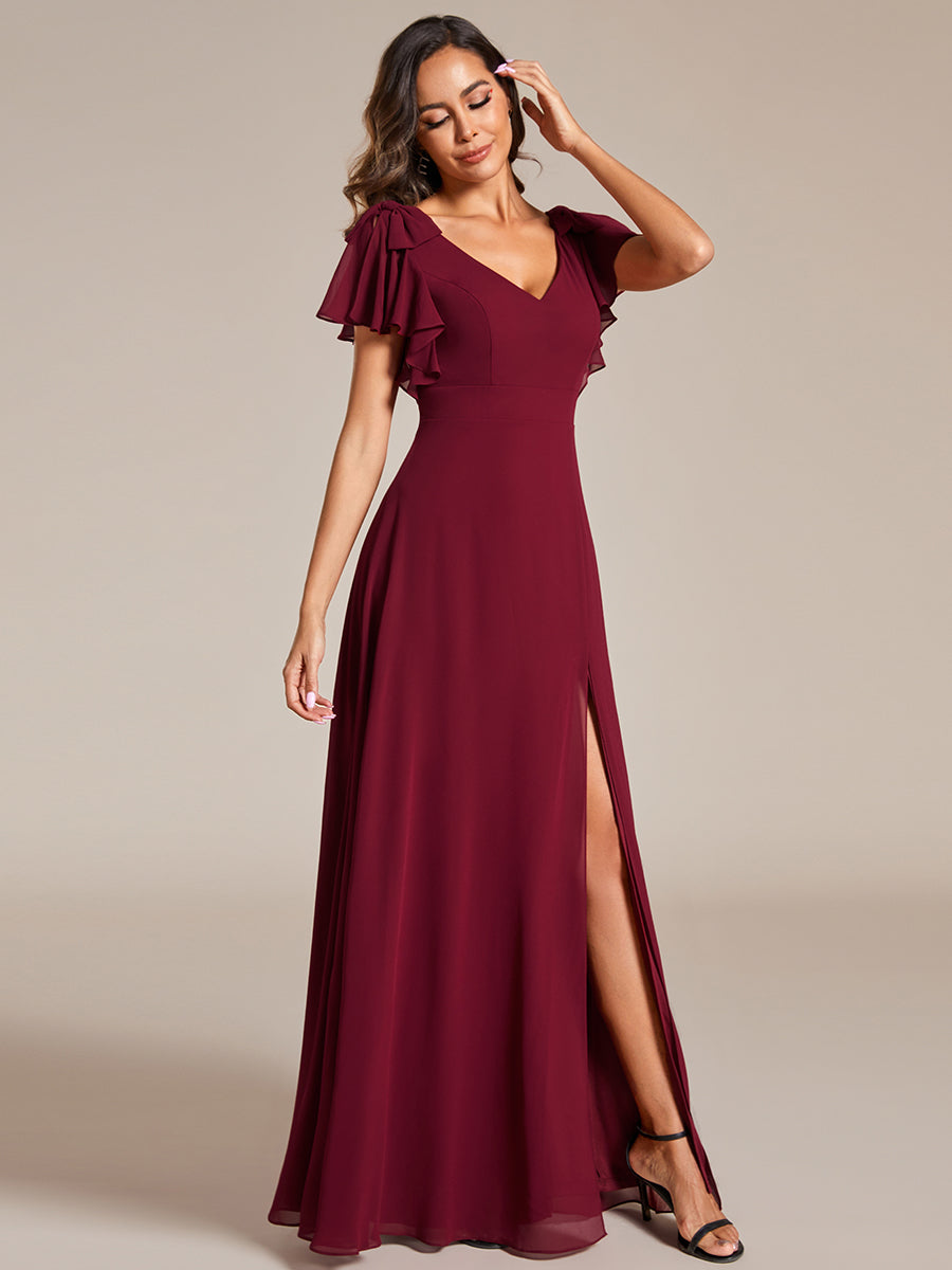 Color=Burgundy | Split Ruffles Sleeves with Bowknot V-neck Chiffon Bridesmaid Dress-Burgundy 1