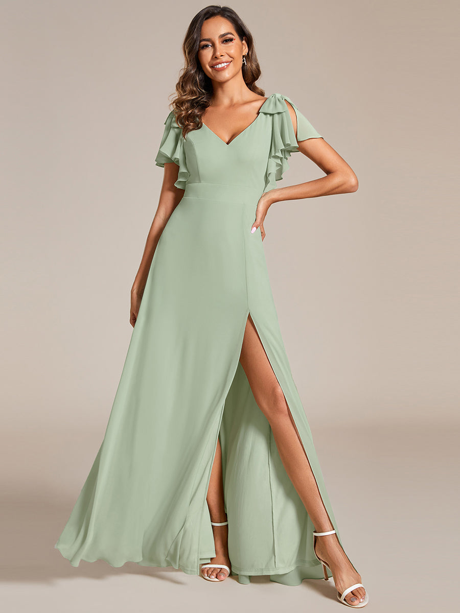 Color=Mint Green | Split Ruffles Sleeves with Bowknot V-neck Chiffon Bridesmaid Dress-Mint Green 4