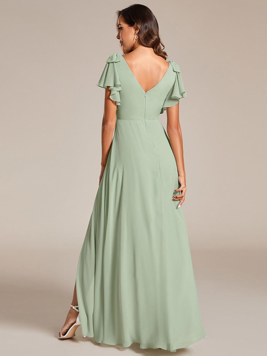 Color=Mint Green | Split Ruffles Sleeves with Bowknot V-neck Chiffon Bridesmaid Dress-Mint Green 3