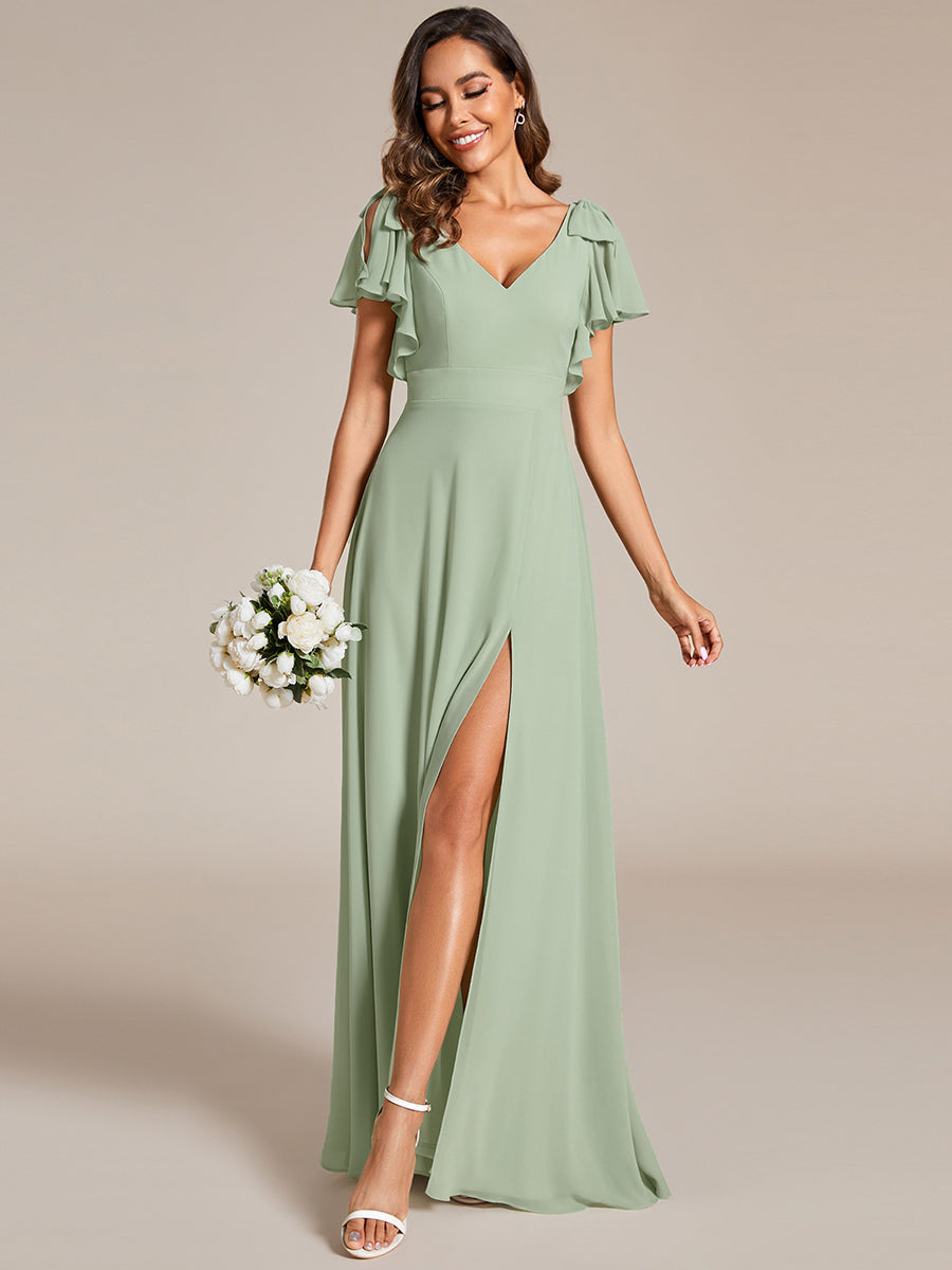 Color=Mint Green | Split Ruffles Sleeves with Bowknot V-neck Chiffon Bridesmaid Dress-Mint Green 1