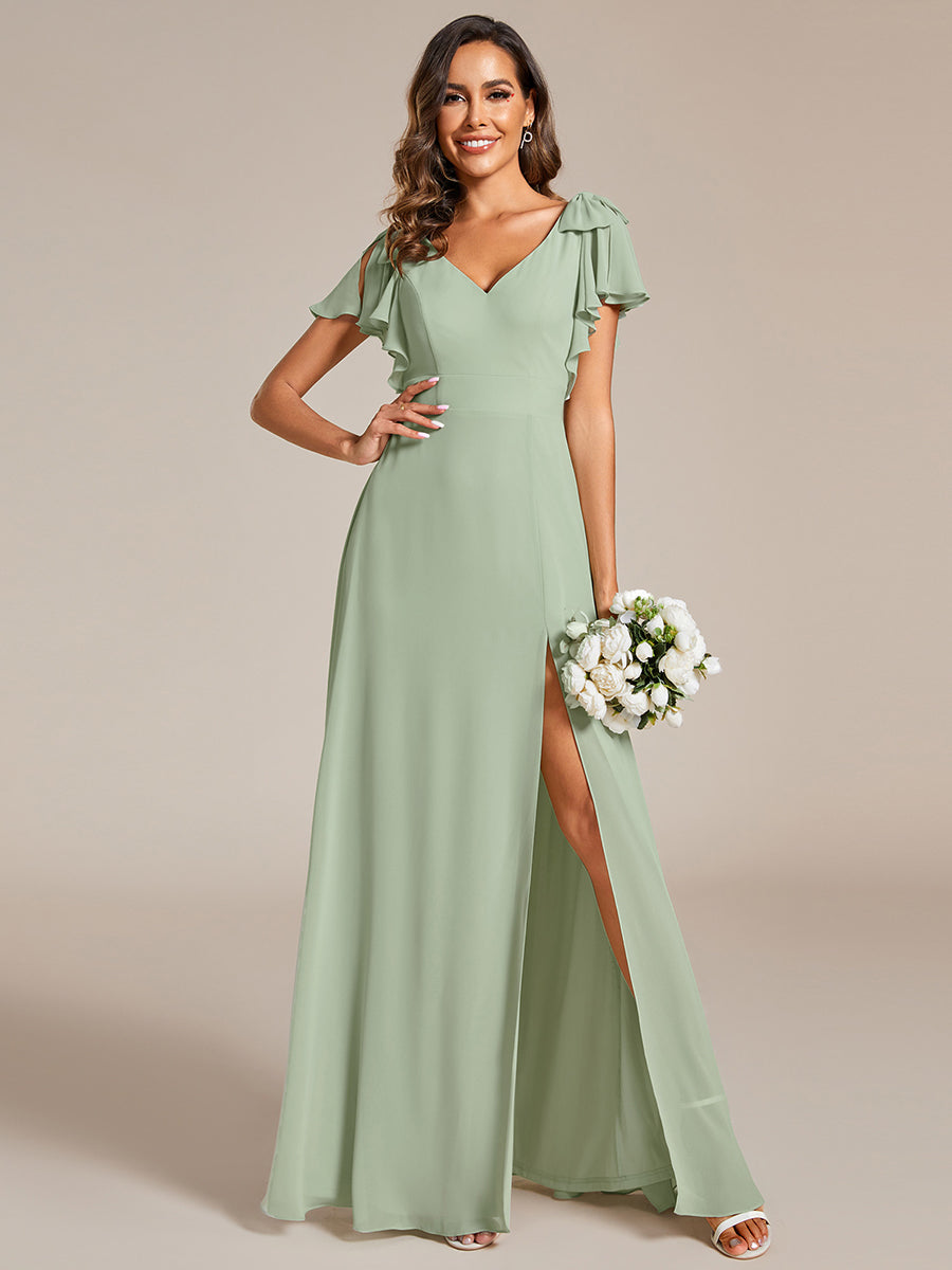 Color=Mint Green | Split Ruffles Sleeves with Bowknot V-neck Chiffon Bridesmaid Dress-Mint Green 5
