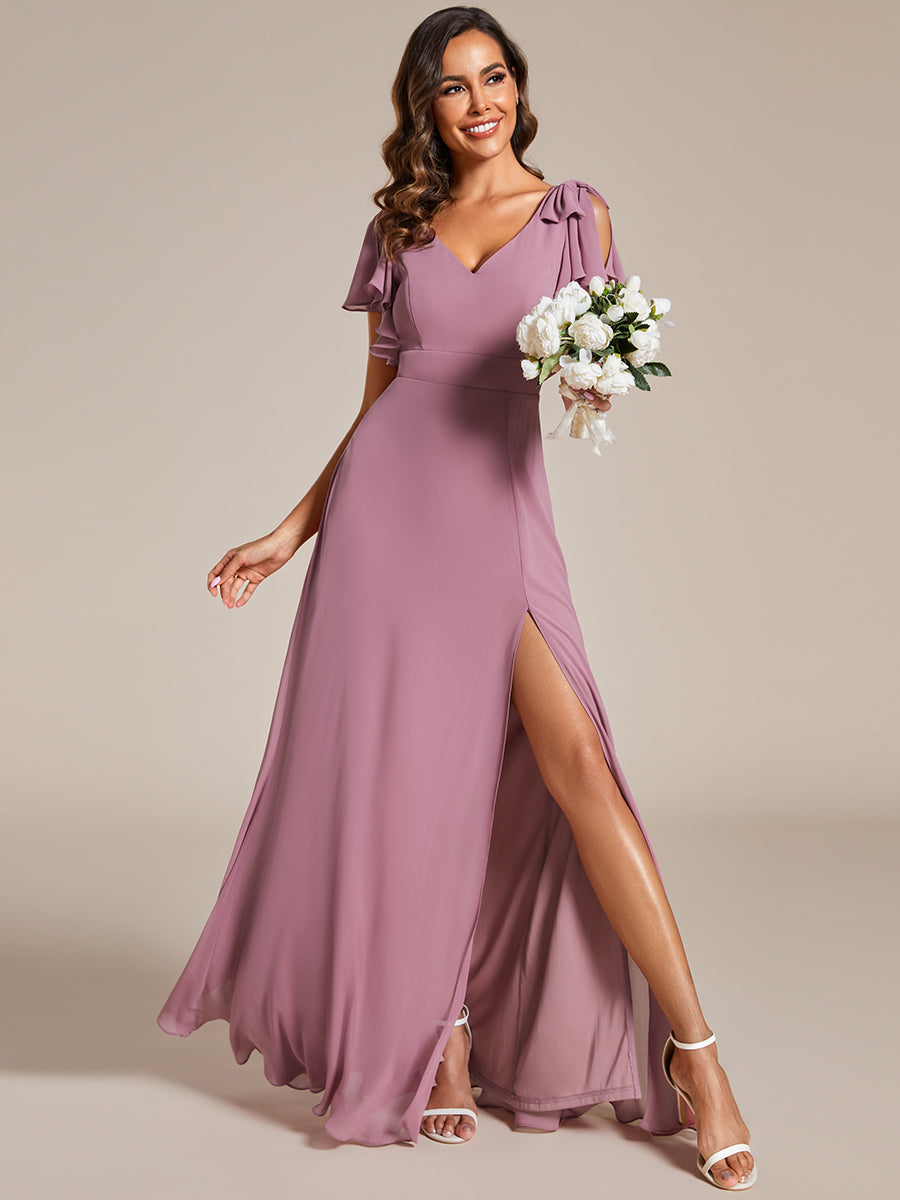 Color=Orchid | Split Ruffles Sleeves with Bowknot V-neck Chiffon Bridesmaid Dress-Orchid 3