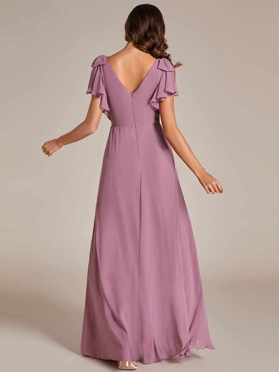Color=Orchid | Split Ruffles Sleeves with Bowknot V-neck Chiffon Bridesmaid Dress-Orchid 2