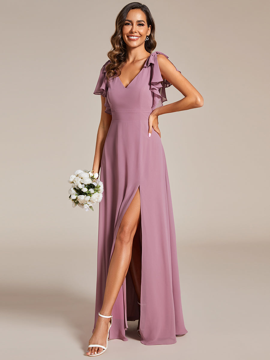 Color=Orchid | Split Ruffles Sleeves with Bowknot V-neck Chiffon Bridesmaid Dress-Orchid 1