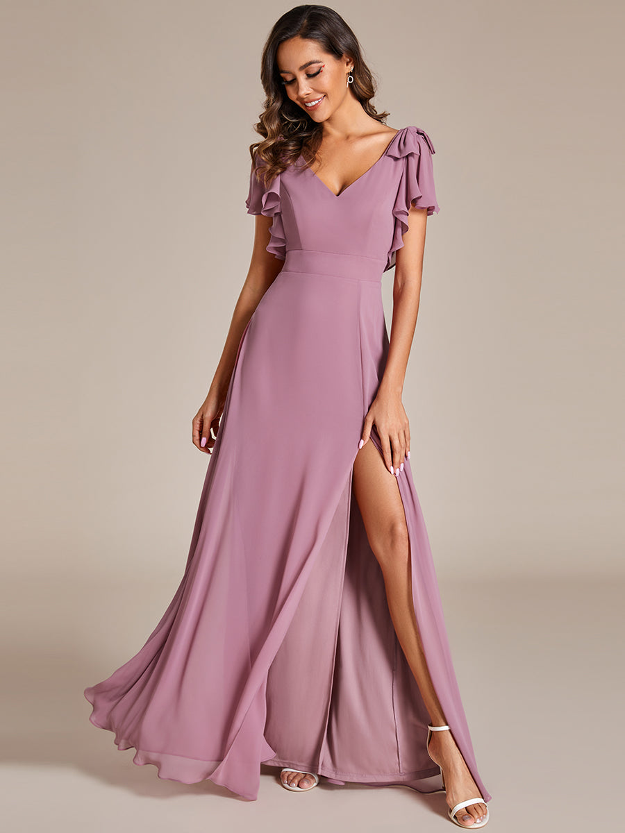 Color=Orchid | Split Ruffles Sleeves with Bowknot V-neck Chiffon Bridesmaid Dress-Orchid 5