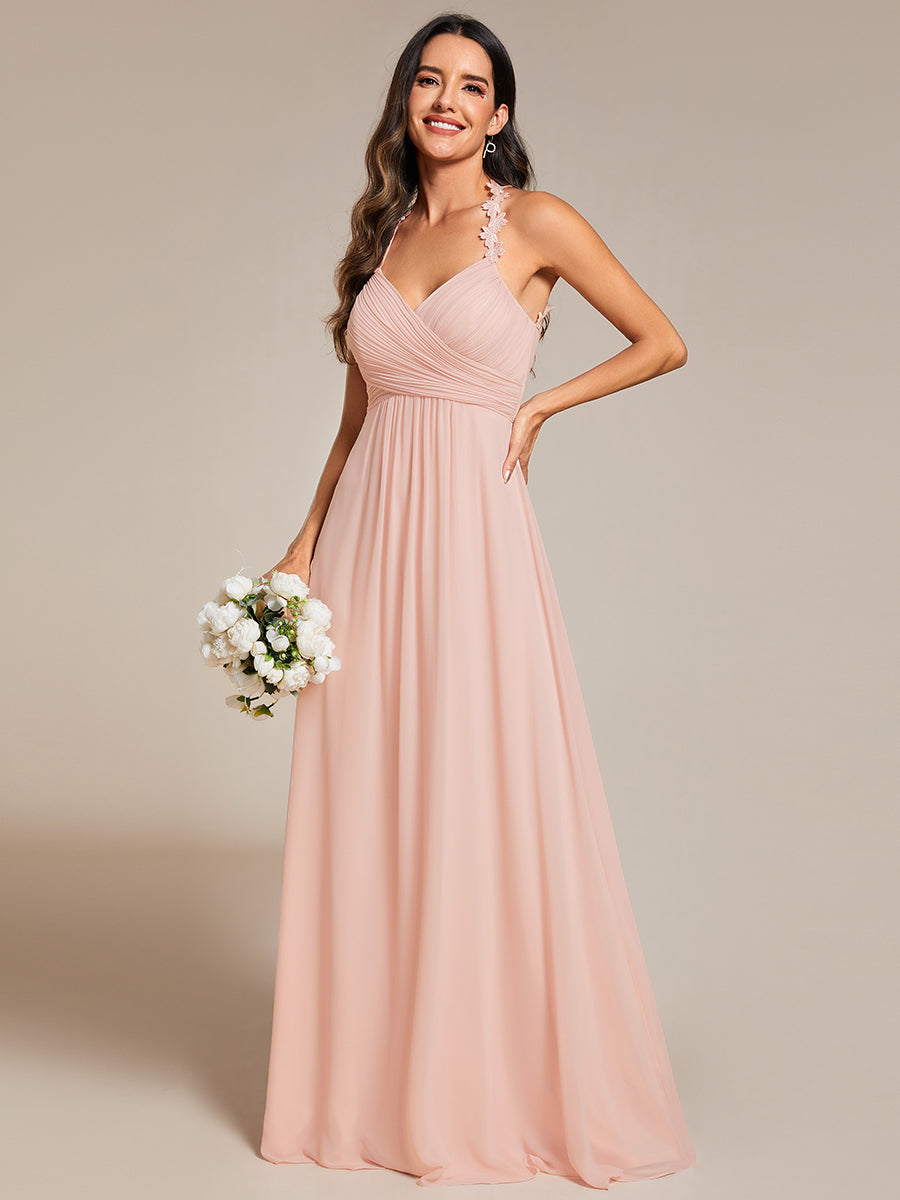 Color=Pink | Chiffon Halter Neck Backless Cross Strap Bridesmaid Dress-Pink 11