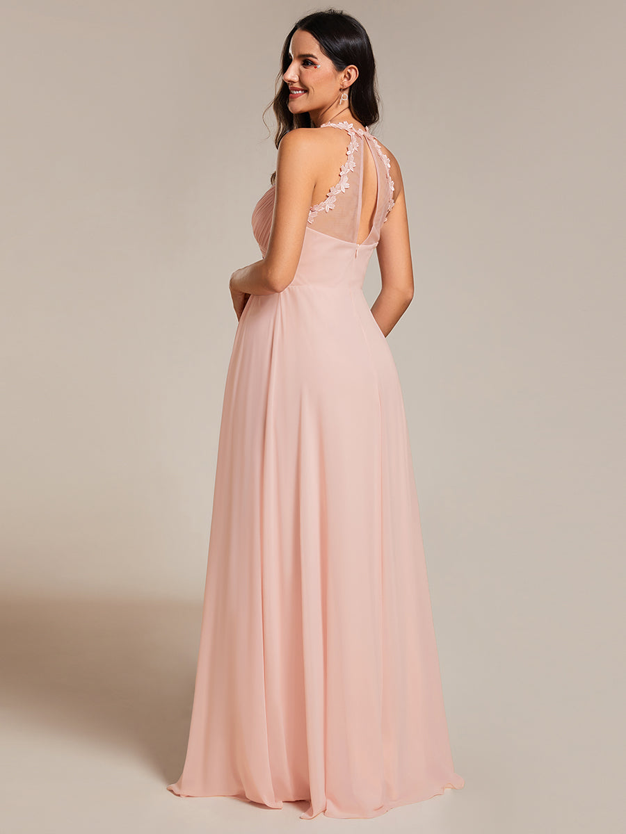 Color=Pink | Chiffon Halter Neck Backless Cross Strap Bridesmaid Dress-Pink 10