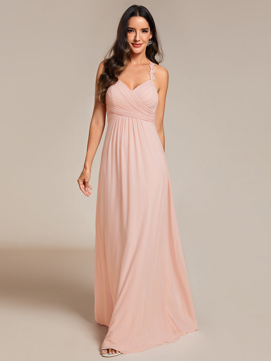 Color=Pink | Chiffon Halter Neck Backless Cross Strap Bridesmaid Dress-Pink 8