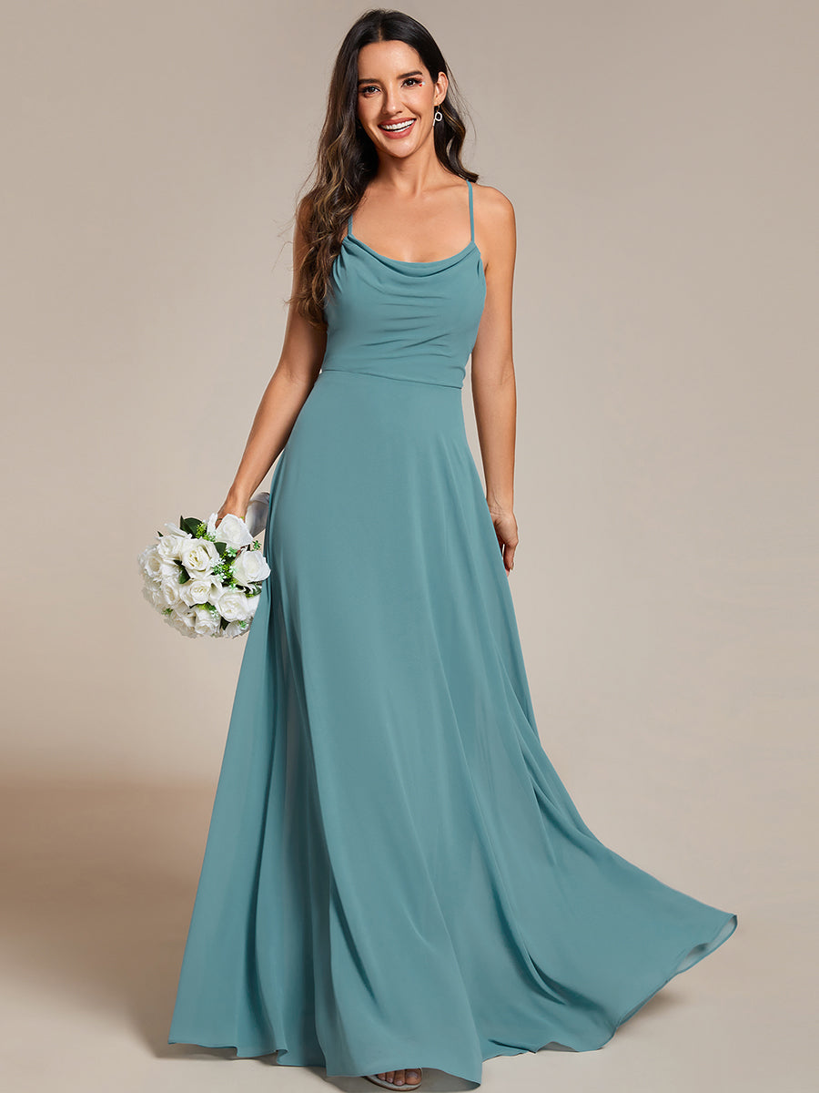 Color=Dusty blue | Spaghetti Straps Draped Collar Floor Length Bridesmaid Dress -Dusty blue 4