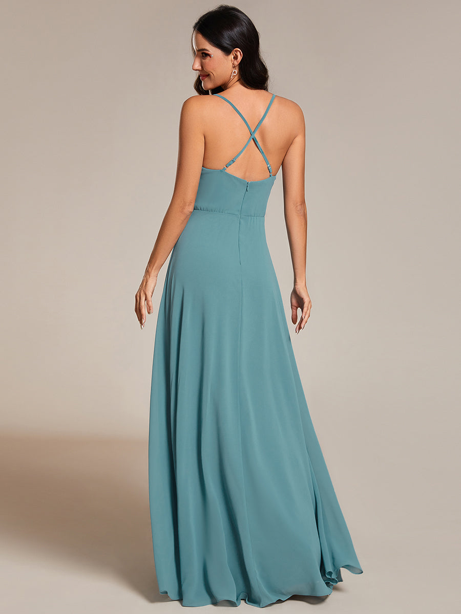 Color=Dusty blue | Spaghetti Straps Draped Collar Floor Length Bridesmaid Dress -Dusty blue 2
