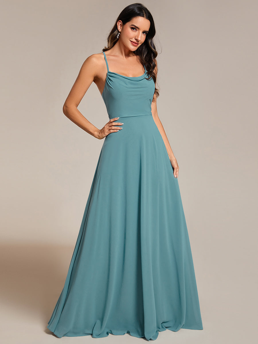 Color=Dusty blue | Spaghetti Straps Draped Collar Floor Length Bridesmaid Dress -Dusty blue 5