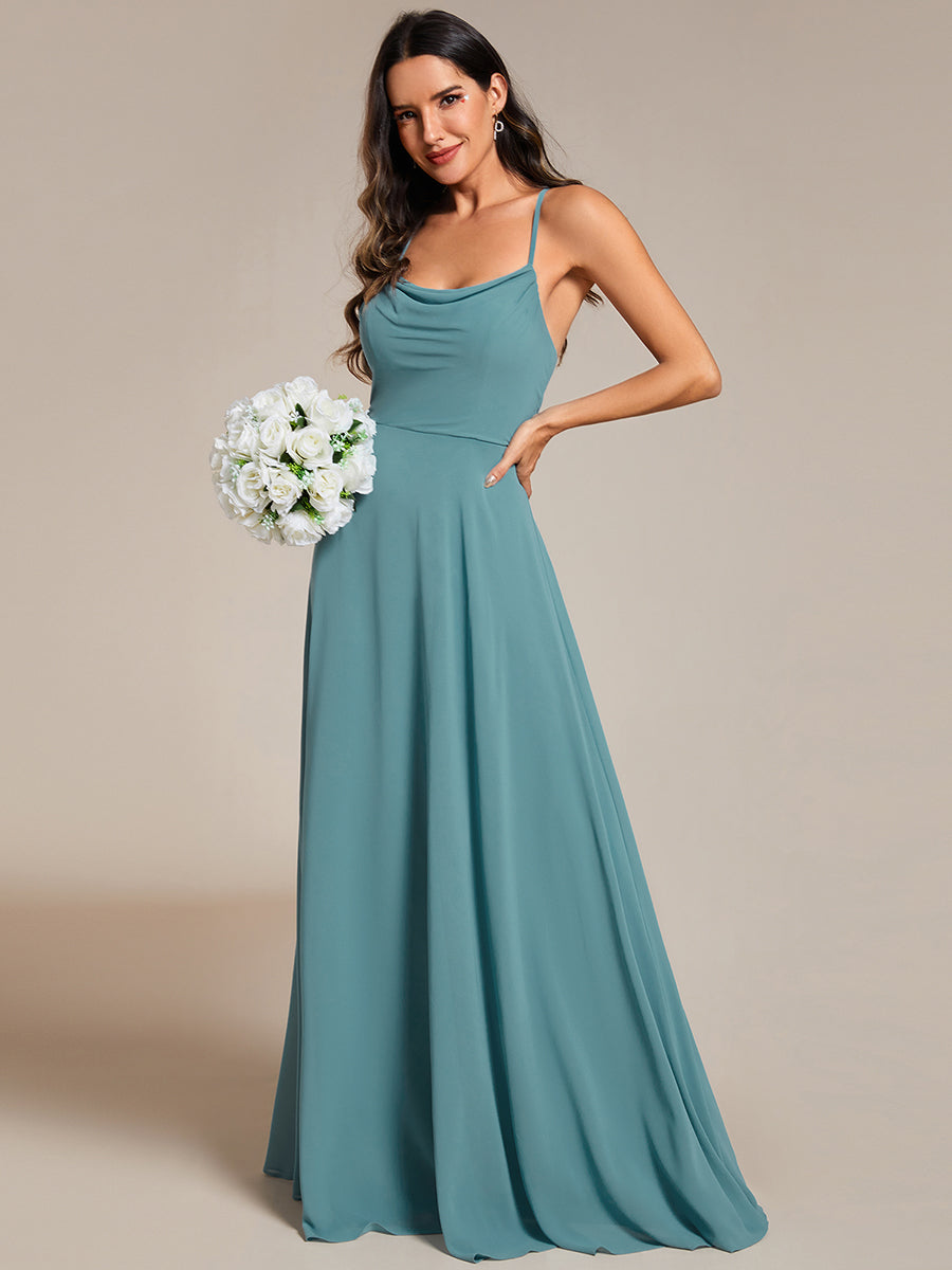 Color=Dusty blue | Spaghetti Straps Draped Collar Floor Length Bridesmaid Dress -Dusty blue 3